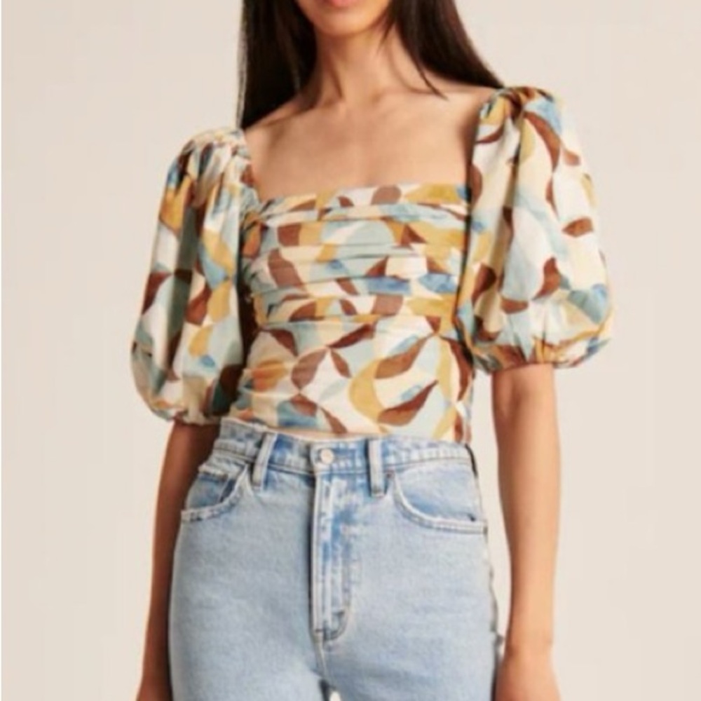 Abercrombie & Fitch Puff Sleeve Square Neck Brown Print Top Size XS Emerson